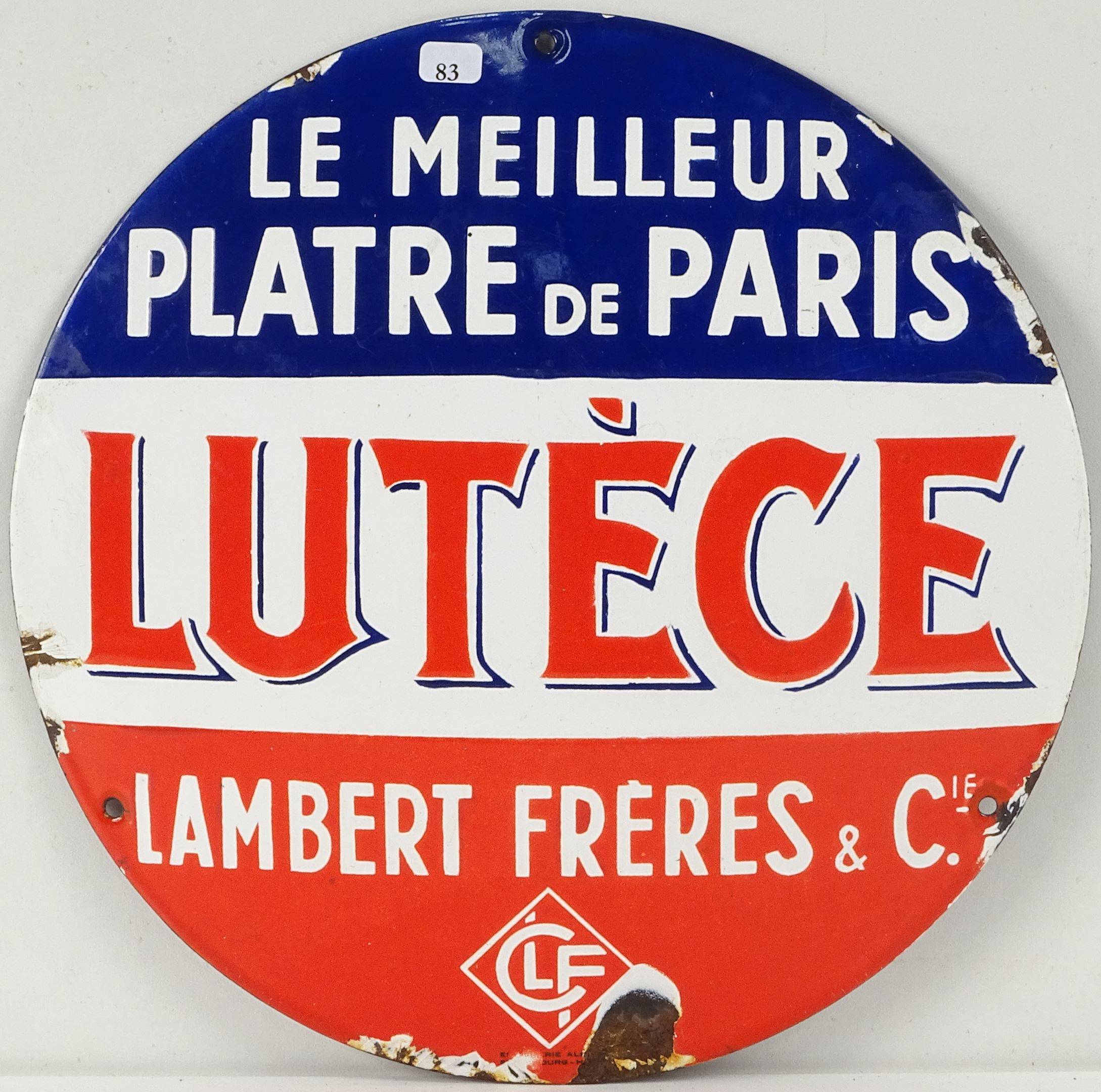 LUTECE le Meilleur Plâtre de Paris /Lambert Frères & Cie : Plaque émaillée  ronde bombée. Emaillerie, Vente aux enchères : Estampes - Affiches -  Gravure - Lithographie - Eauforte