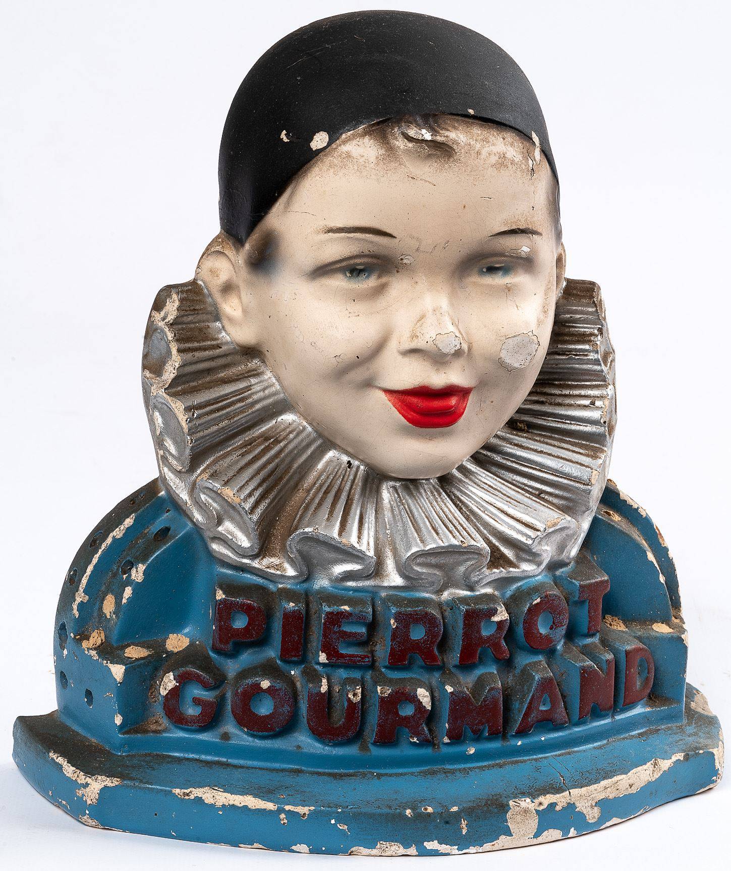 PIERROT GOURMAND : Porte-Sucette en forme de buste de Pierrot. Rare version  bleue, quelques défauts., Vente aux enchères : Estampes - Affiches -  Gravure - Lithographie - Eauforte