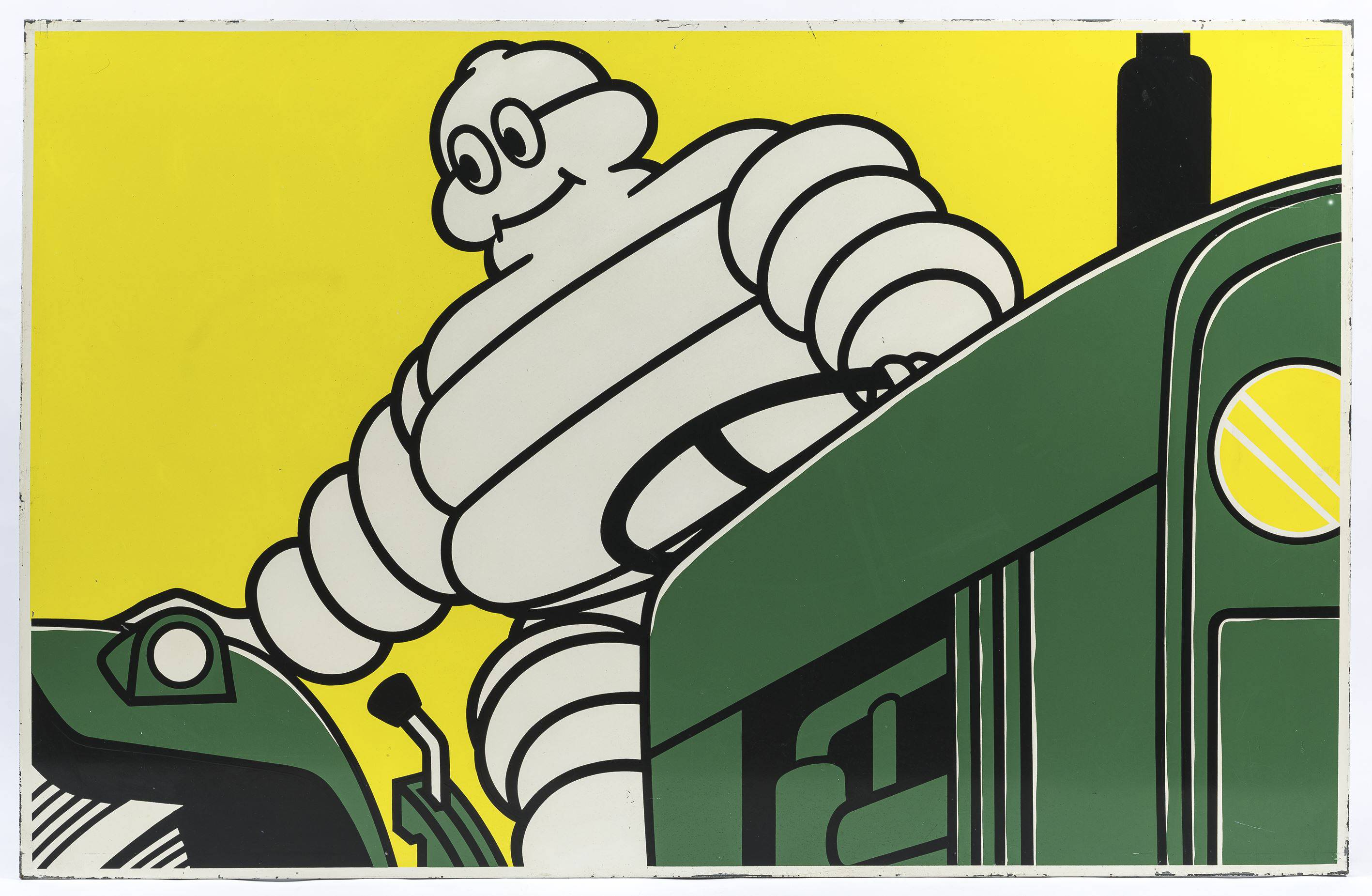 MICHELIN : Importante et rare tôle illustrée du Bibendum sur un Tracteur.  Très bel état, imprimerie, Vente aux enchères : Estampes - Affiches -  Gravure - Lithographie - Eauforte