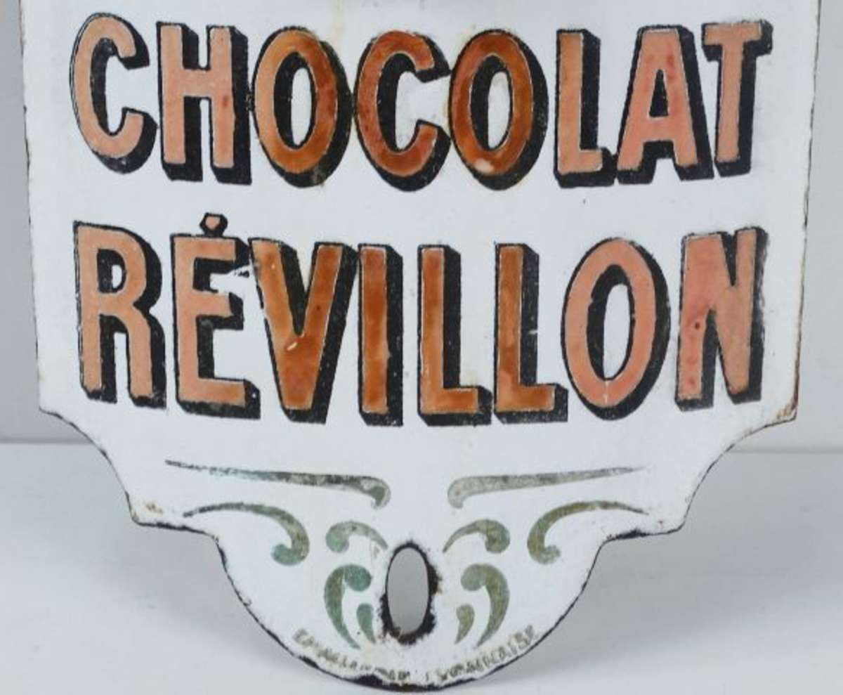 CHOCOLAT REVILLON : Thermomètre émaillé cintré, rehauts sur