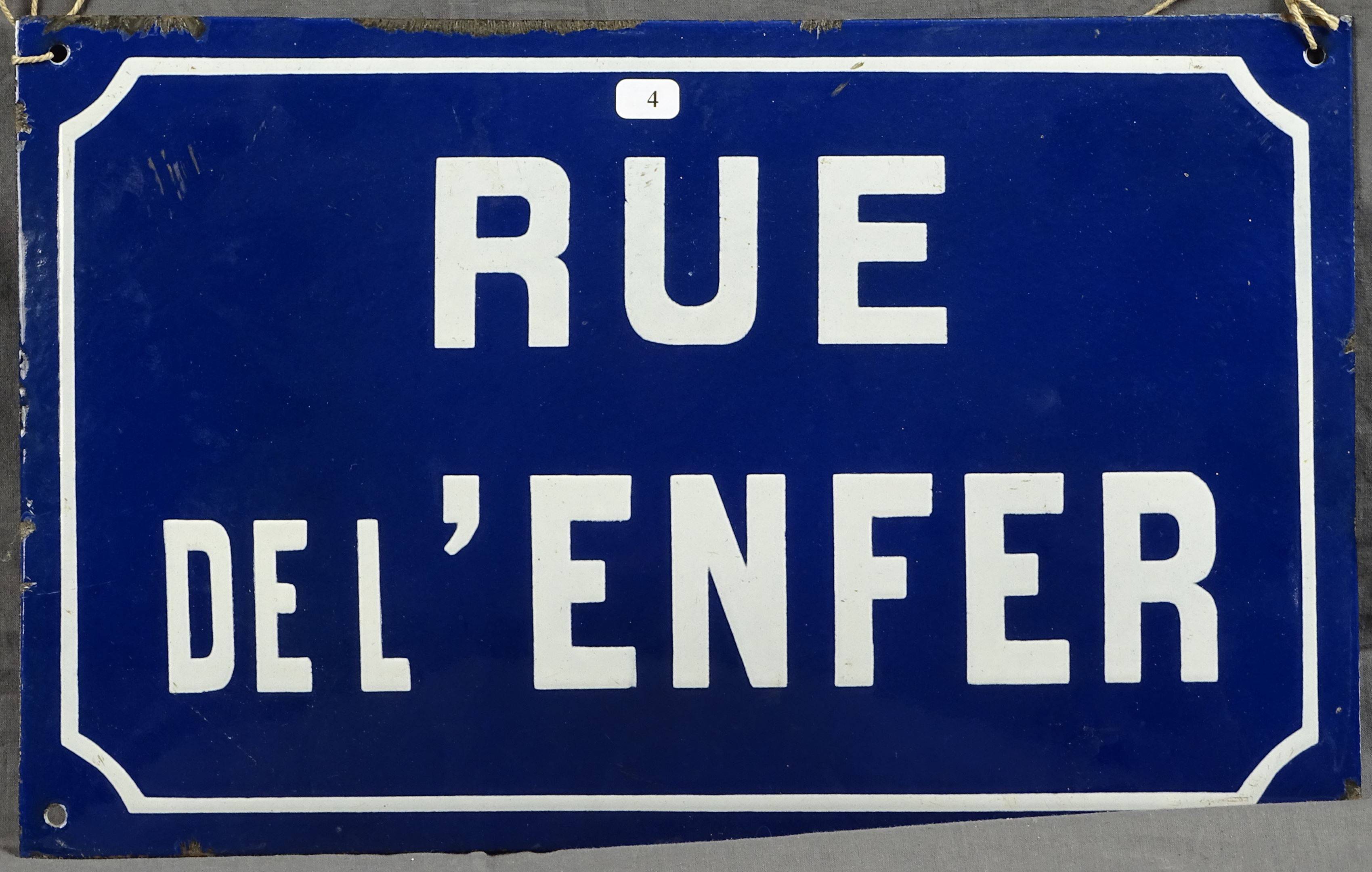 RUE DE L'ENFER : Plaque de rue émaillée bombée. 39 x 24,5cm., Vente aux  enchères : Estampes - Affiches - Gravure - Lithographie - Eauforte