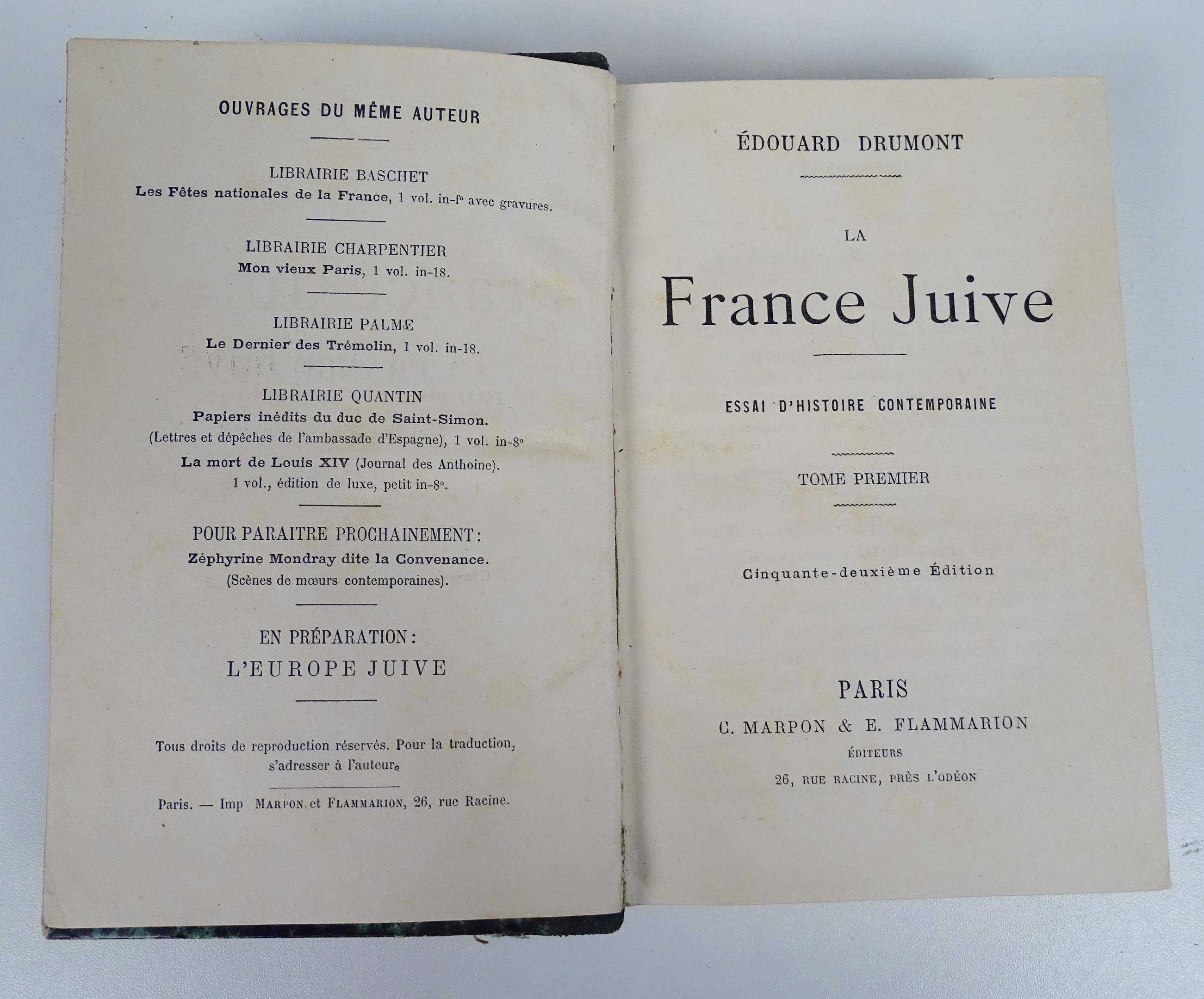 DRUMONT (Edouard) - La France juive. Essai d'histoire contemporaine - Paris  ; Marpon & Flammarion, sans, Vente aux enchères : Livres - Manuscrits -  Autographes - Bandes dessinées