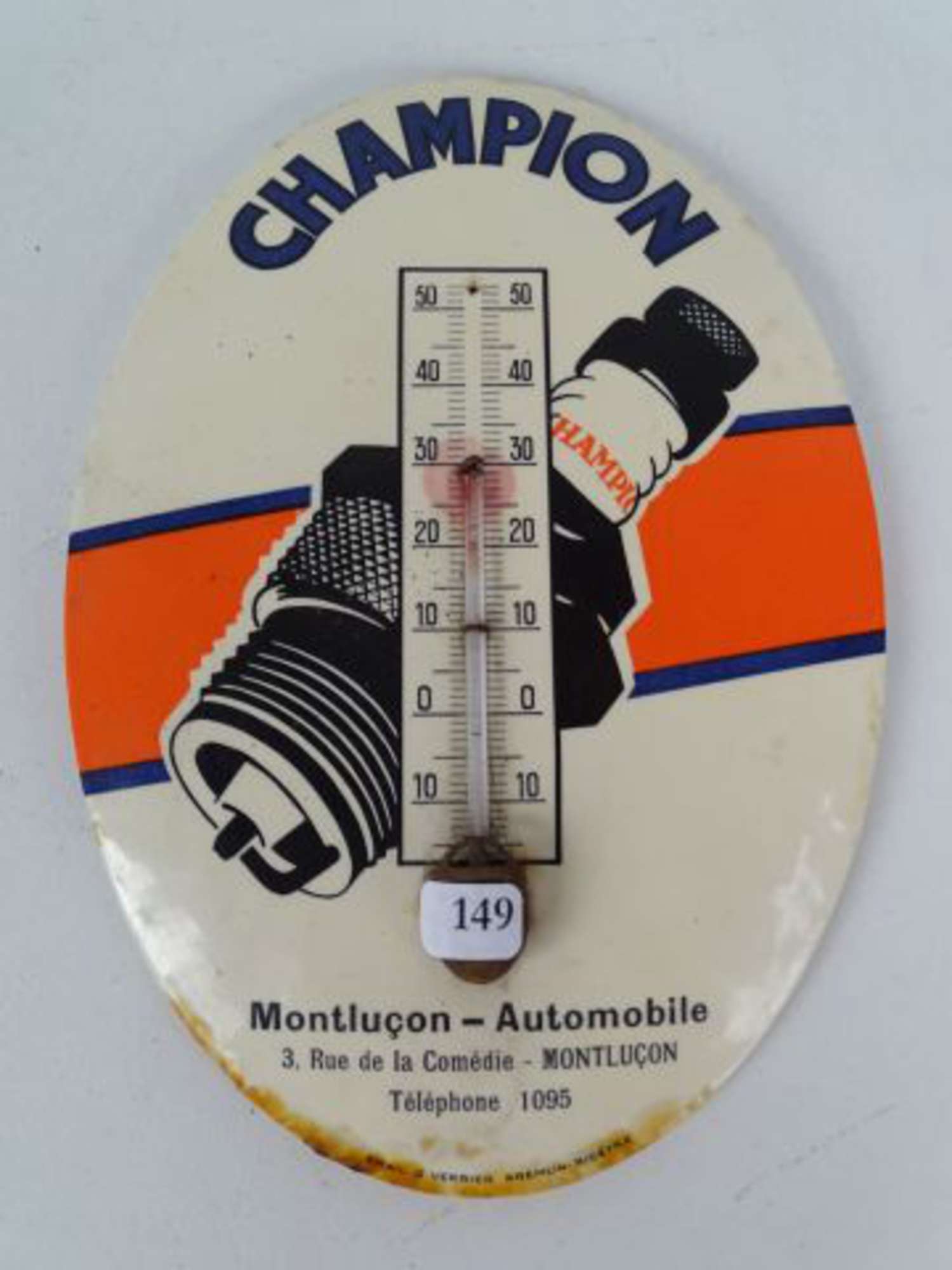CHAMPION Bougie /Montluçon Automobiles : Thermomètre glassoïd de forme  ovale, petites taches, 15 x, Vente aux enchères : Estampes - Affiches -  Gravure - Lithographie - Eauforte