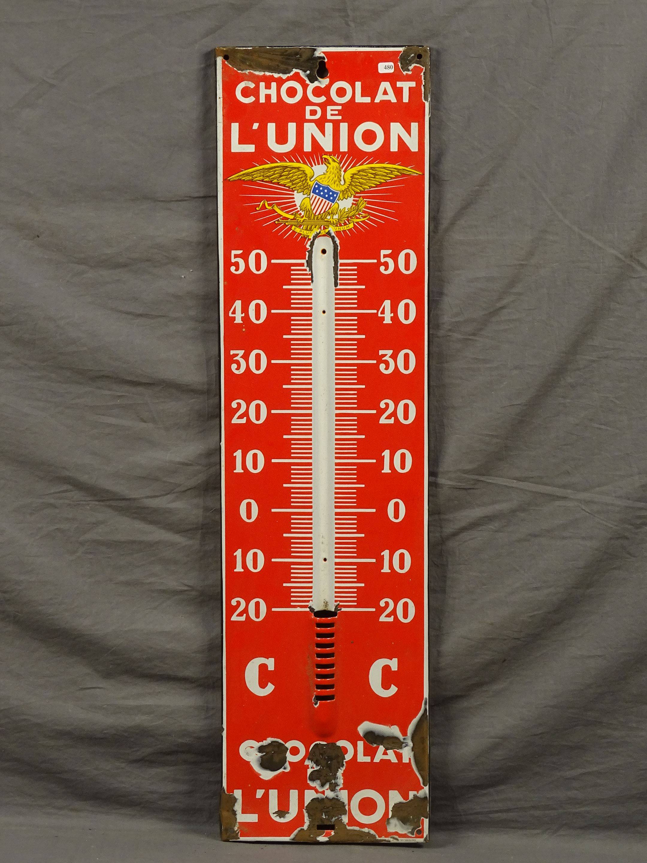 CHOCOLAT DE L'UNION : Thermomètre émaillé plat à rebords. Eclats