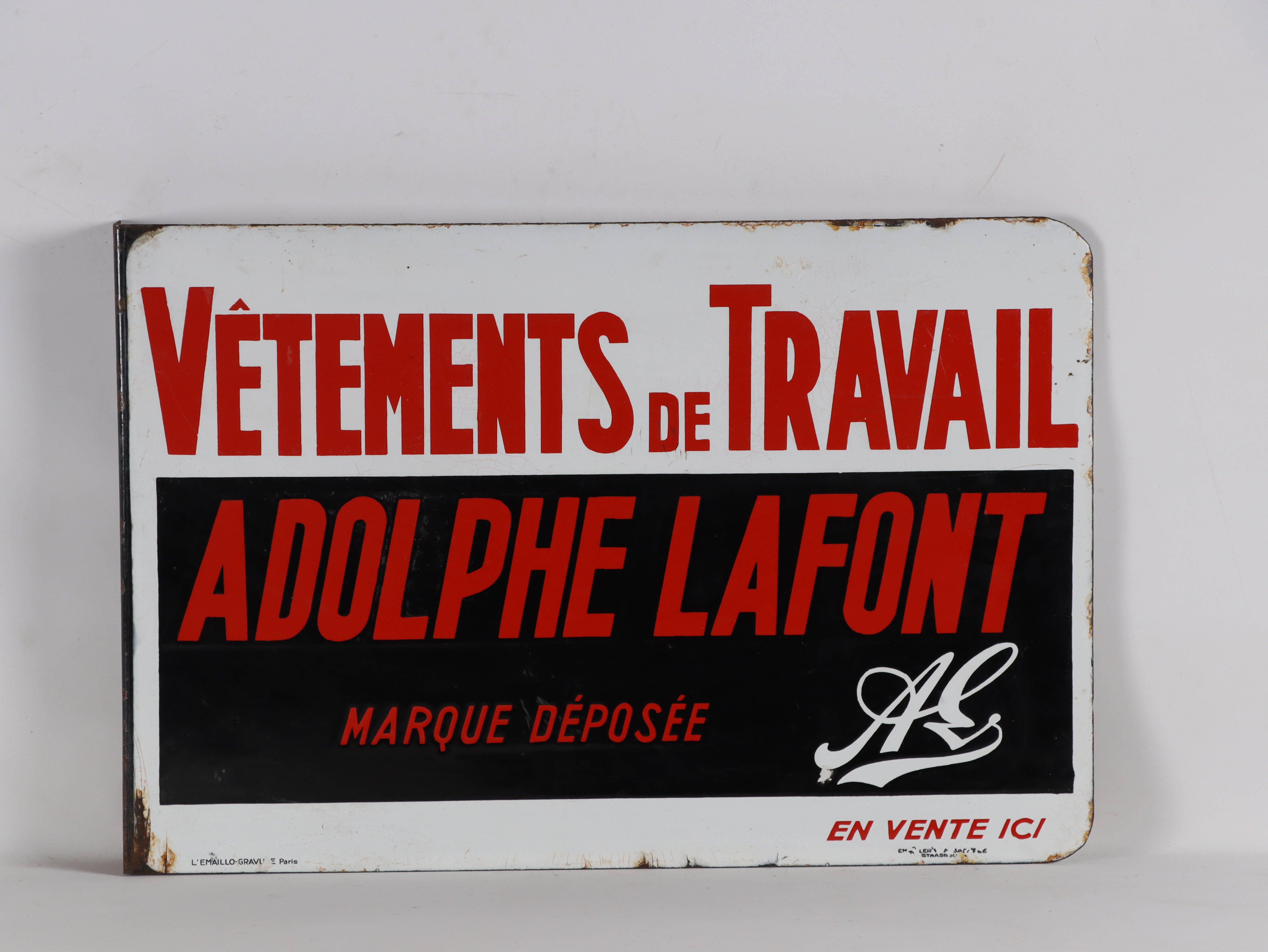 ADOLPHE LAFONT Vetement de Travail Plaque emaillee double face a equerre. Emaillerie Alsacienne Vente aux encheres Estampes Affiches Gravure Lithographie Eauforte