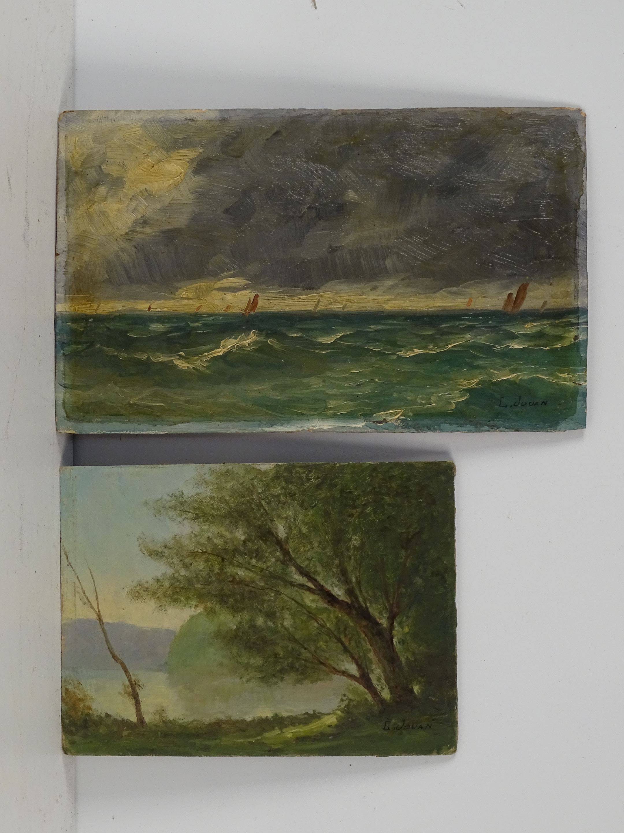 JOUAN G. Xxé Marine - Paysage. Huile sur panneau et huile sur carton signée...