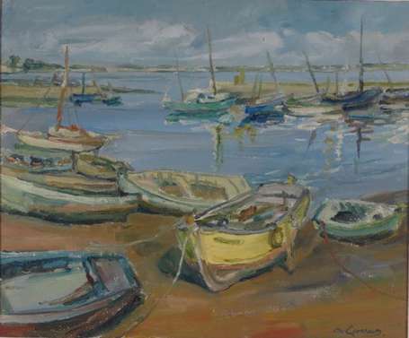 GOMBAUD A. XXe. Barques au mouillage. Huile sur 