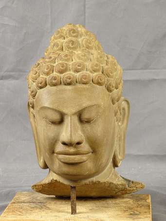 Tête de Bouddha en grès sculpté. Art du Gandhara. 