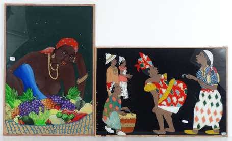 Deux peintures 'technique du fixé sous verre' 