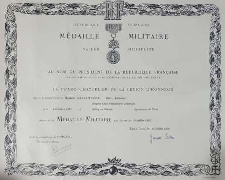 Diplôme de la médaille militaire, d'un sergent 