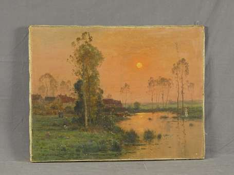 MORIN Adolphe (1841-C1880) Paysage lacustre animé 