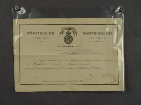 Diplôme de la médaille de Ste Hélène attribué a un