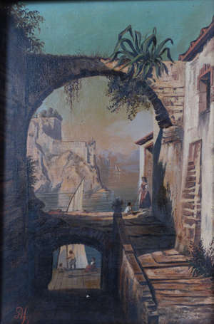 ECOLE XXe - Ruelle sur le port. Huile sur toile, 