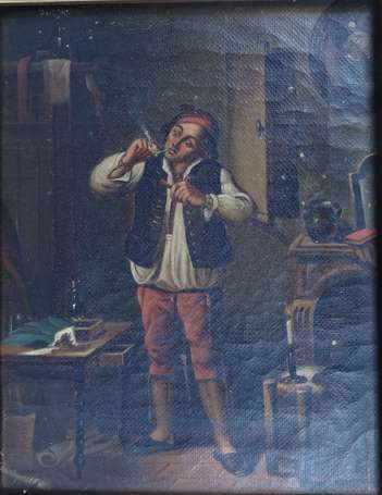 ECOLE XVIIe - Homme au béret rouge et à la pipe. 