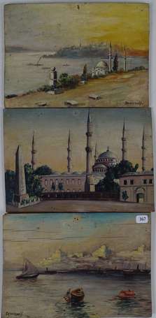 ECOLE XXe - Vues d'Istanbul. Trois huiles sur 