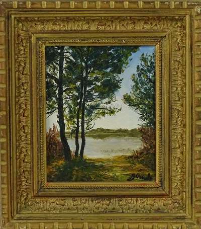 GIRAULT XXe - Au bord du lac. Huile sur toile, 