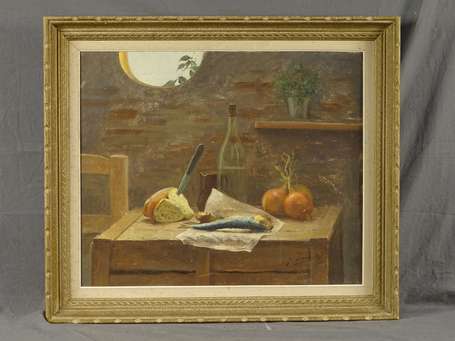 SARRABEZOLLES J. Repas du pauvre. Huile sur toile 