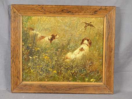 Ecole Xxé Epagneuls et canard. Huile sur toile. 33