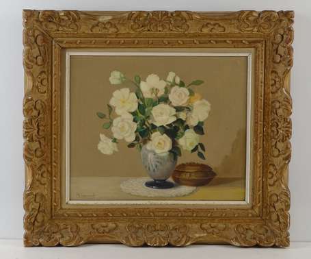 CANIVET R. XXe., Bouquet de camélias. Huile sur 