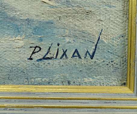 LIXAN P. XXe - Village enneigé. Huile sur toile, 