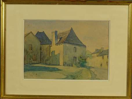 PÈRE J. XXe - Village. Aquarelle, signée et datée 