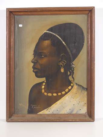 Ancienne huile sur toile titrée 'Femme du Rwanda'.