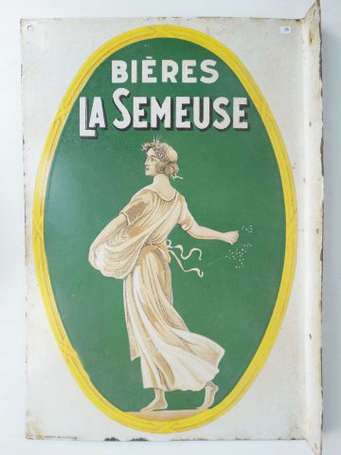 BIERES LA SEMEUSE : Plaque émaillée double-face à 