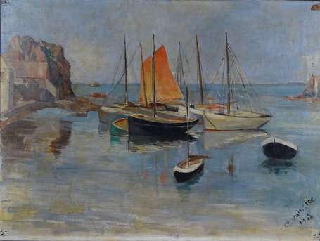 ECOLE XXe - Bateaux au port. Huile sur toile, 