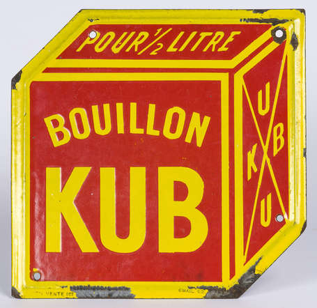 BOUILLON KUB : Petite plaque émaillée en découpe. 
