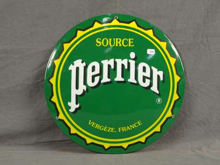 PERRIER à Vergèze : Plaque émaillée ronde bombée. 