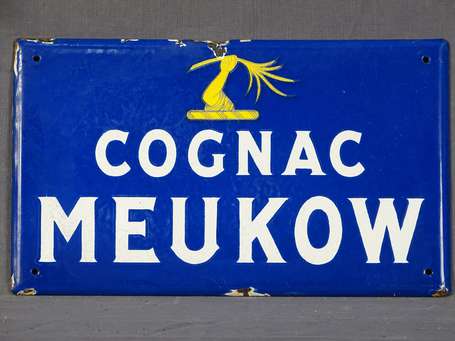 COGNAC MEUKOW : Peu courante plaque émaillée plate
