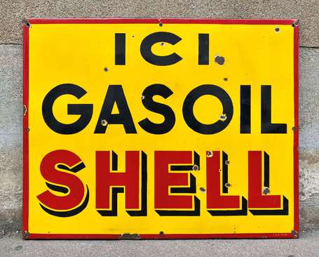 SHELL « Ici Gasoil » : Rare plaque émaillée plate 