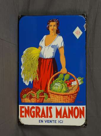 ENGRAIS MANON : Plaque émaillée plate à oreilles. 