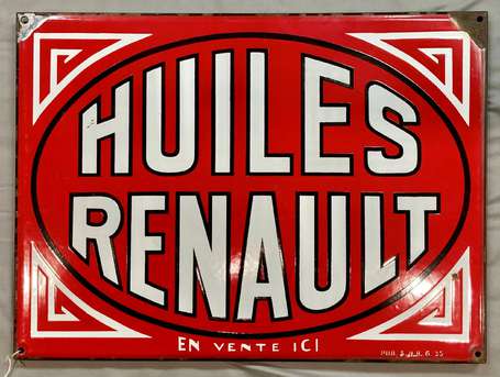 HUILES RENAULT : Plaque émaillée plate à rebords. 