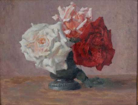 SIMON Emile (1890-1976) Bouquet de roses. Huile 