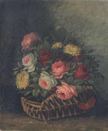 GONDOIS A. XIXe - Bouquet de roses et de dahlias. 