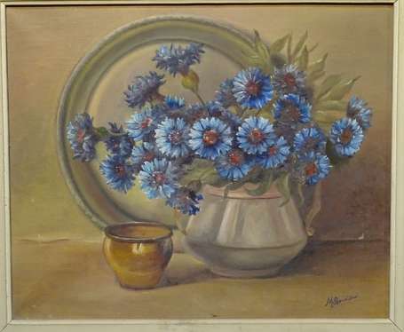 ECOLE XXe - Bouquet de bleuets. Huile sur toile.