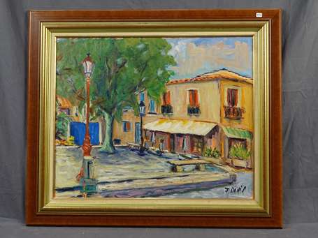 DENIS J. Xxé. Place de village. Huile sur toiile 