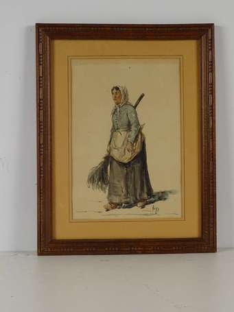 TRIGO Zenon 1850-1914 Femme au balais. Aquarelle 