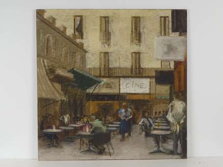 ECOLE Xxé Terrasse de café. Huile sur panneau de 