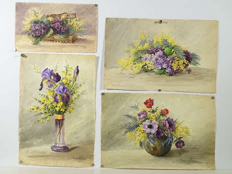 DENIS Léonie (XIX-XXème), Bouquets iris, mimosas, 