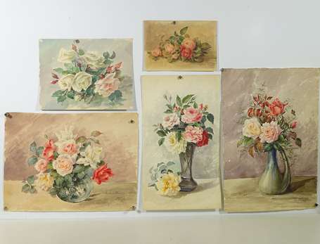 DENIS Léonie (XIX-XXème), Bouquets roses, 5 
