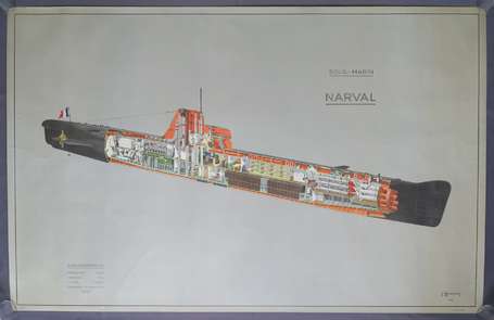 MARINE - Affiche écorché du sous-marin Narval par 