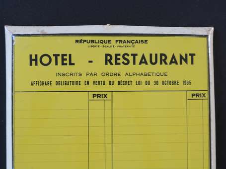 HOTEL RESTAURANT - 1935 - Prix des denrées - 