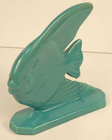 Poisson hachette en céramique bleu- vert Art Déco.