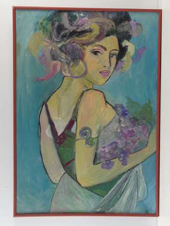 ECOLE Xxè, Femme au bouquet, Huile sur toile, 