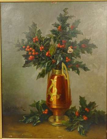 LEVASSEUR L. XIX-XXe - Bouquet de houx. Huile sur 