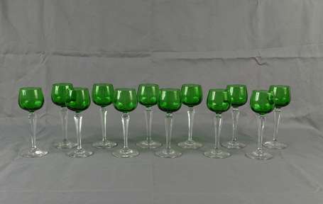 Suite de 12 verres à vin du Rhin en verre, la 