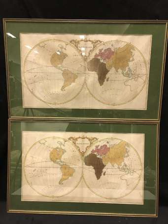 2 cartes géographiques Mappe Monde encadrées - 