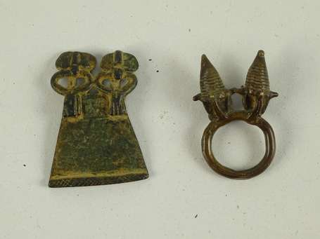 Ancien pendentif et bague en bronze représentant 